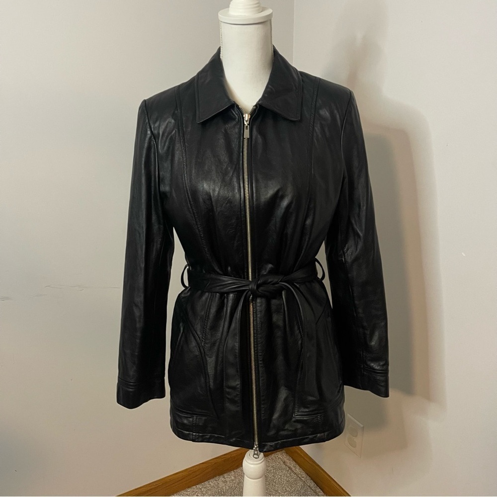 Wilson leather collared belted leather jacket with removable inside
